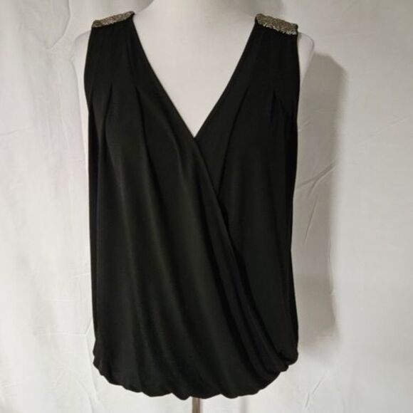 Guess by Marciano Black Bead Embellished Shoulders Deep V-Neck Dressy Blouse - Picture 1 of 12